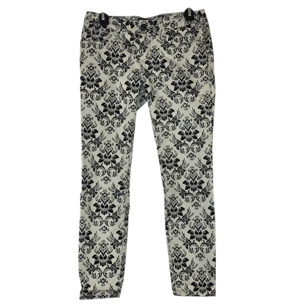 Free People Flocked Black Floral Brocade Pattern Denim Damask Jeans 26